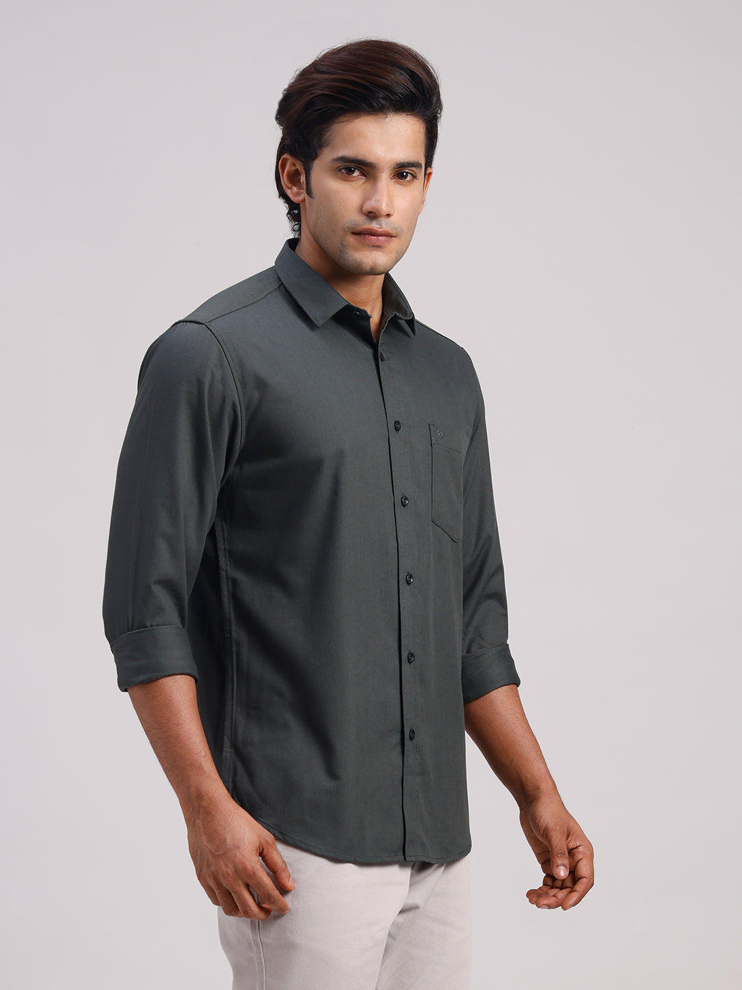 Classic Polo Men's Full Sleeve Charcoal Grey Polo Neck Slim Fit Solid Cotton Casual Shirt | LSHR1-EL-17 A-FS-SLD-SF