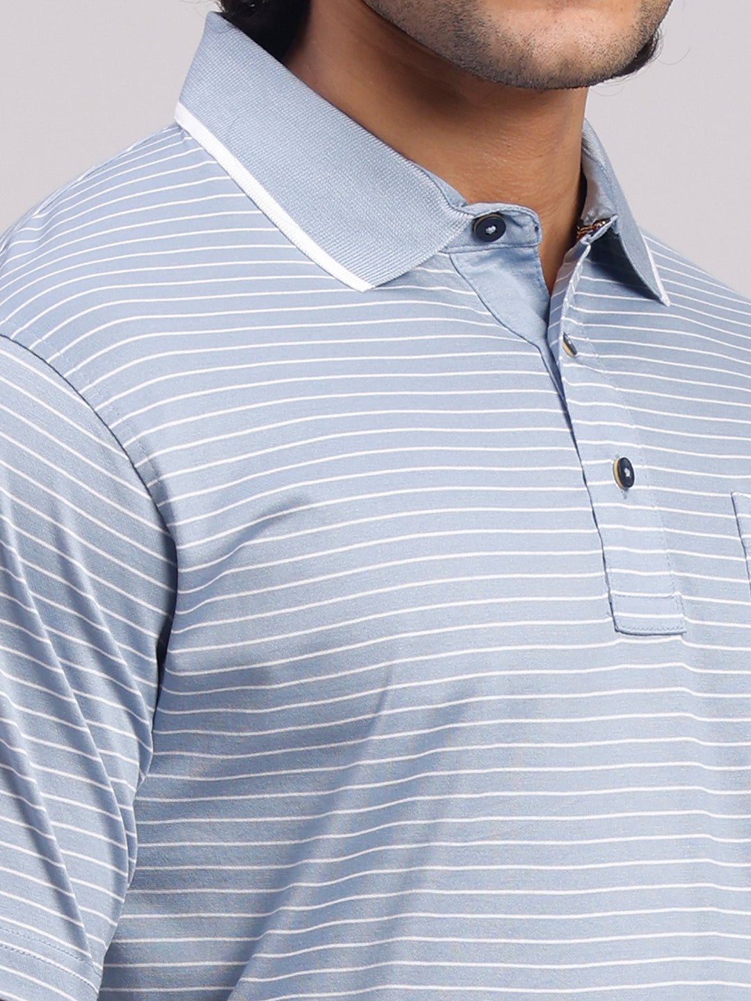 Classic Polo Men's Half Sleeve Powder Blue/White Authentic Fit Striped Premium Mercerised Cotton T-Shirt | ULTIMO - 356 A AF P