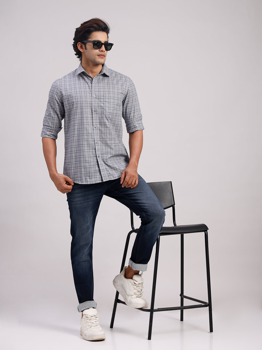 Classic Polo Men's Full Sleeve Grey Polo Neck Slim Fit Checked Cotton Casual Shirt | SR1-CL-14 B-FS-CHK-SF