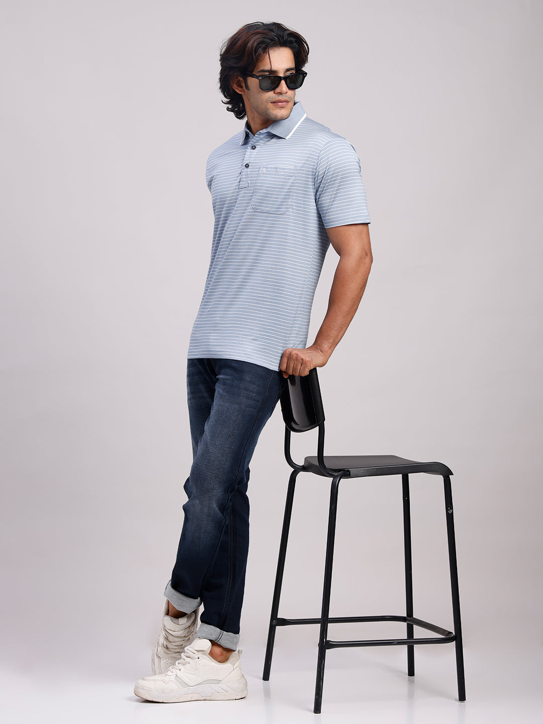 Classic Polo Men's Half Sleeve Powder Blue/White Authentic Fit Striped Premium Mercerised Cotton T-Shirt | ULTIMO - 356 A AF P