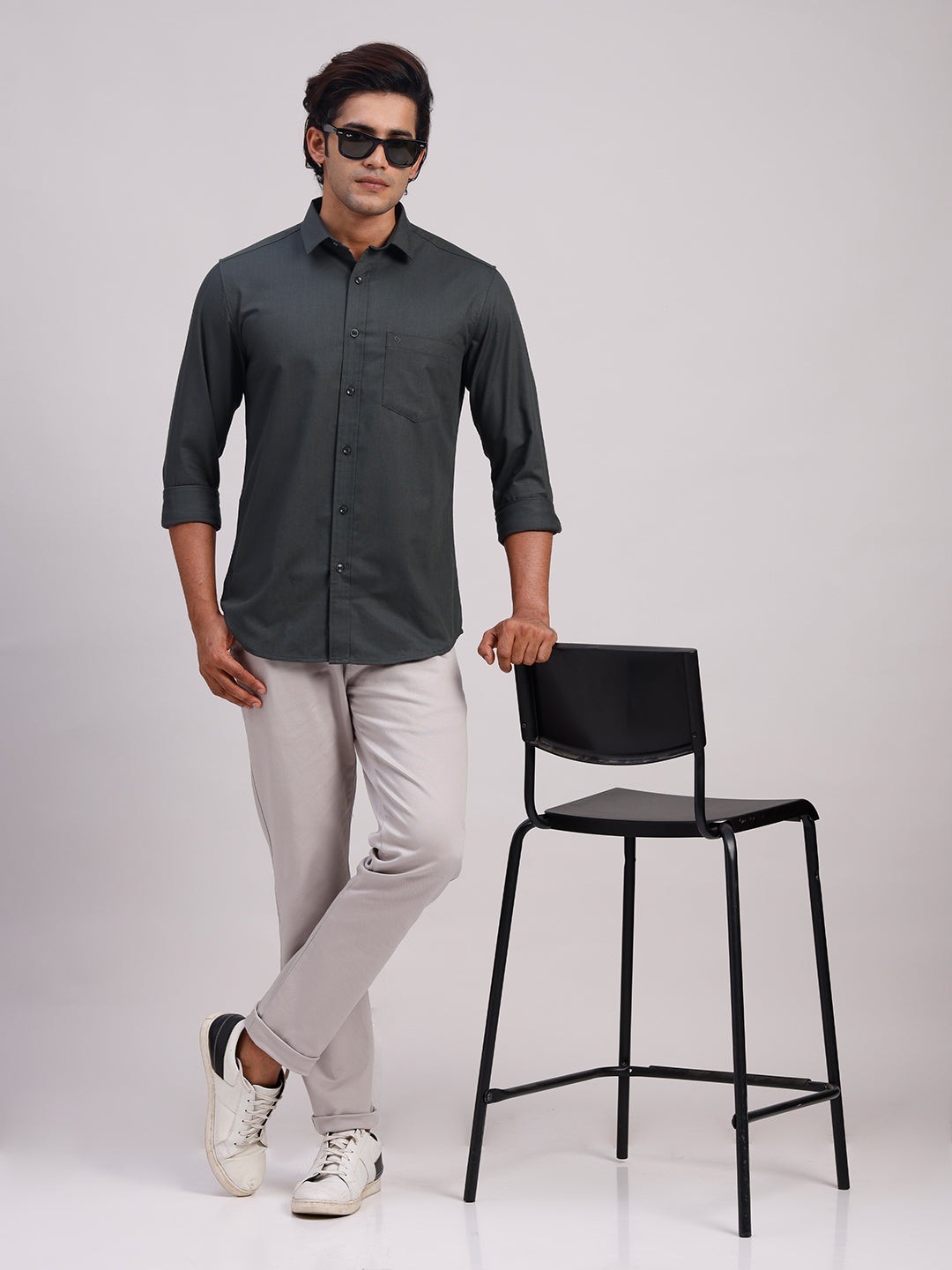 Classic Polo Men's Full Sleeve Charcoal Grey Polo Neck Slim Fit Solid Cotton Casual Shirt | LSHR1-EL-17 A-FS-SLD-SF