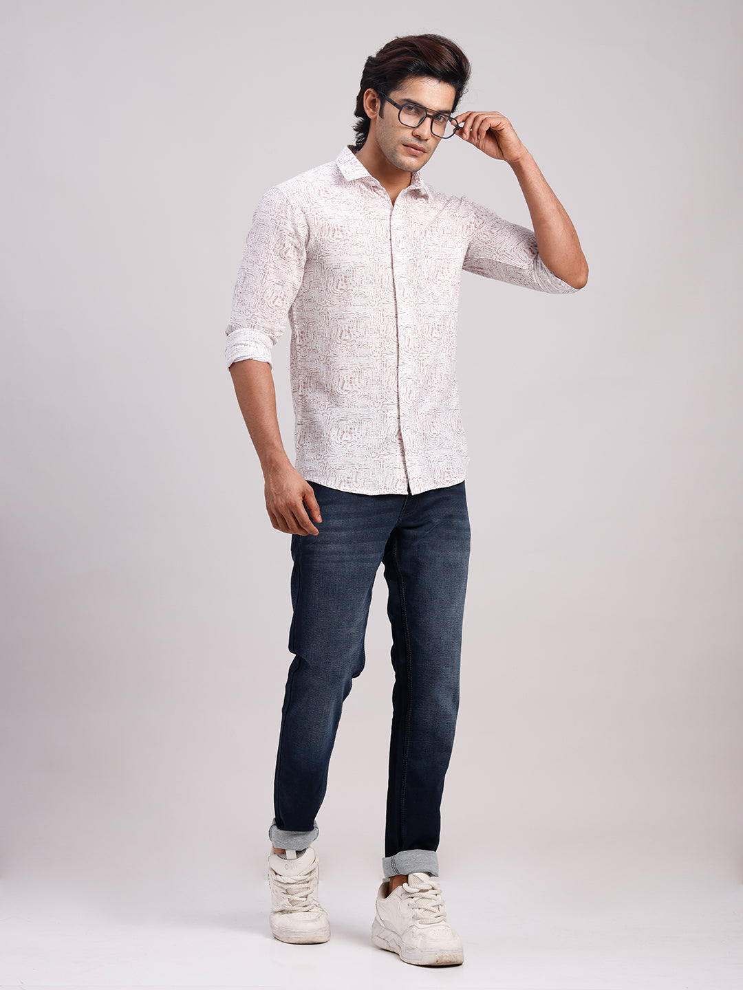 Classic Polo Men's Full Sleeve Off-White/Light Brown Polo Neck Slim Fit All-Over Print Cotton Casual Shirt | SR1-GN-07 B-FS-PRT-SF