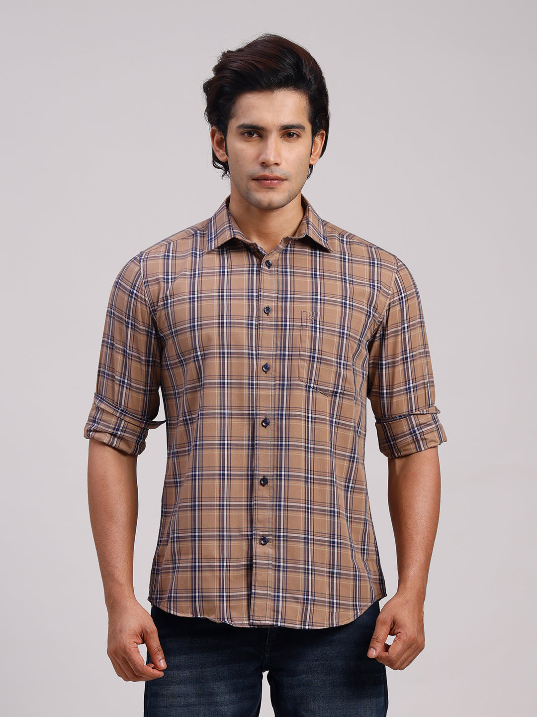 Classic Polo Men's Full Sleeve Light Brown Polo Neck Slim Fit Checked Cotton Casual Shirt | SR1-CL-13 B-FS-CHK-SF