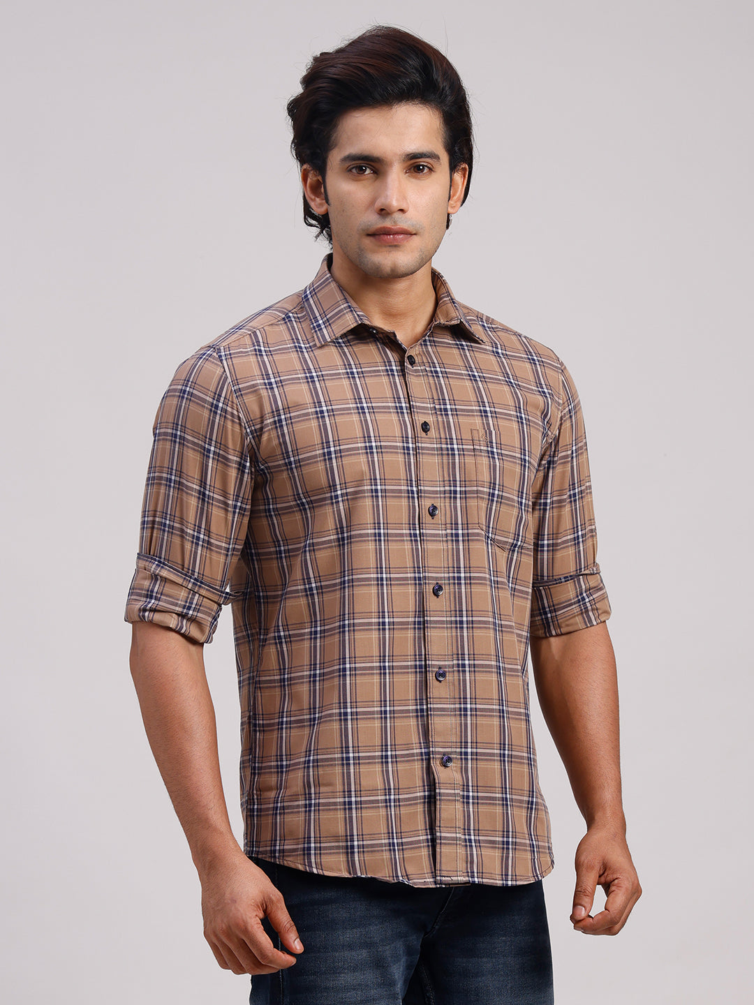 Classic Polo Men's Full Sleeve Light Brown Polo Neck Slim Fit Checked Cotton Casual Shirt | SR1-CL-13 B-FS-CHK-SF