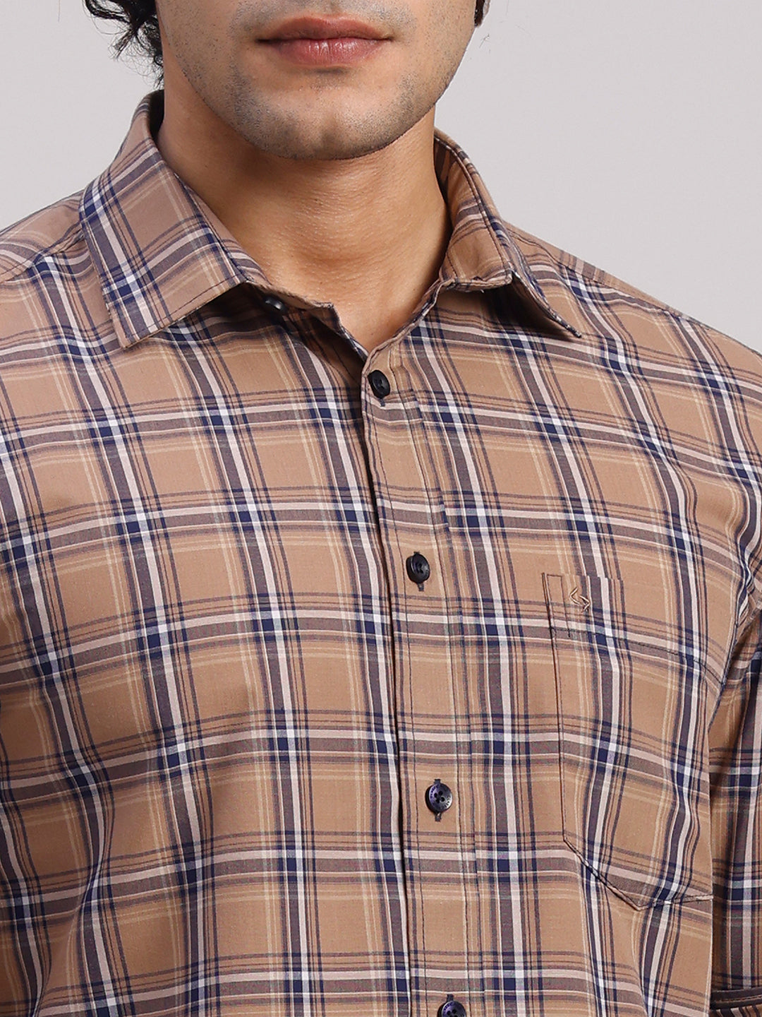 Classic Polo Men's Full Sleeve Light Brown Polo Neck Slim Fit Checked Cotton Casual Shirt | SR1-CL-13 B-FS-CHK-SF