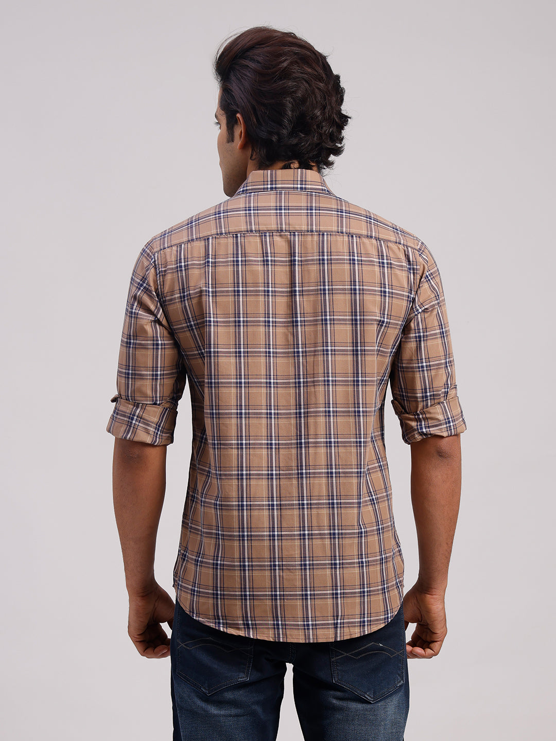 Classic Polo Men's Full Sleeve Light Brown Polo Neck Slim Fit Checked Cotton Casual Shirt | SR1-CL-13 B-FS-CHK-SF