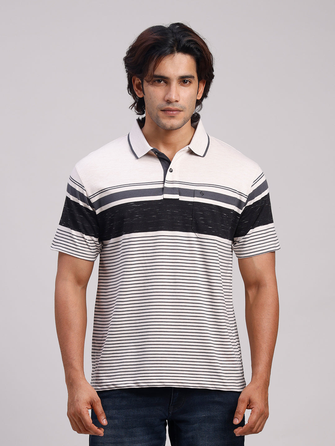 Classic Polo Men's Half Sleeve Black/White Polo Neck Authentic Fit Striped Cotton Blend T-Shirt | MEL - 289 B AF P