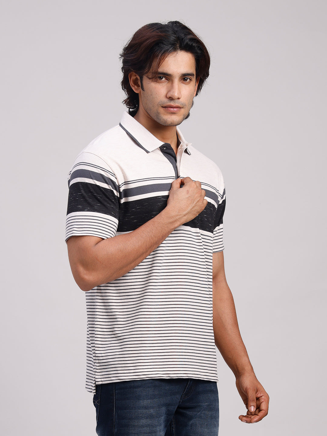 Classic Polo Men's Half Sleeve Black/White Polo Neck Authentic Fit Striped Cotton Blend T-Shirt | MEL - 289 B AF P