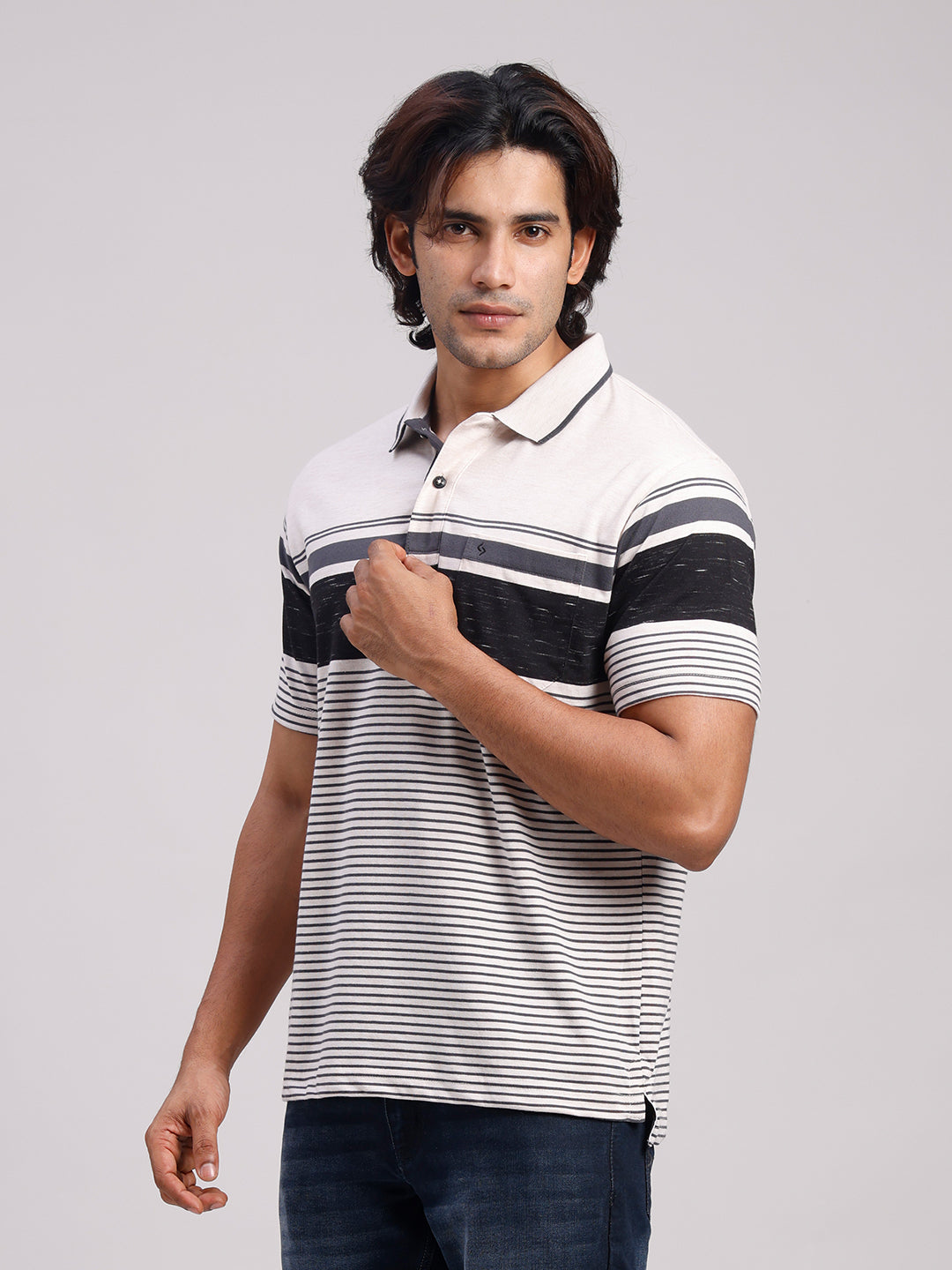 Classic Polo Men's Half Sleeve Black/White Polo Neck Authentic Fit Striped Cotton Blend T-Shirt | MEL - 289 B AF P