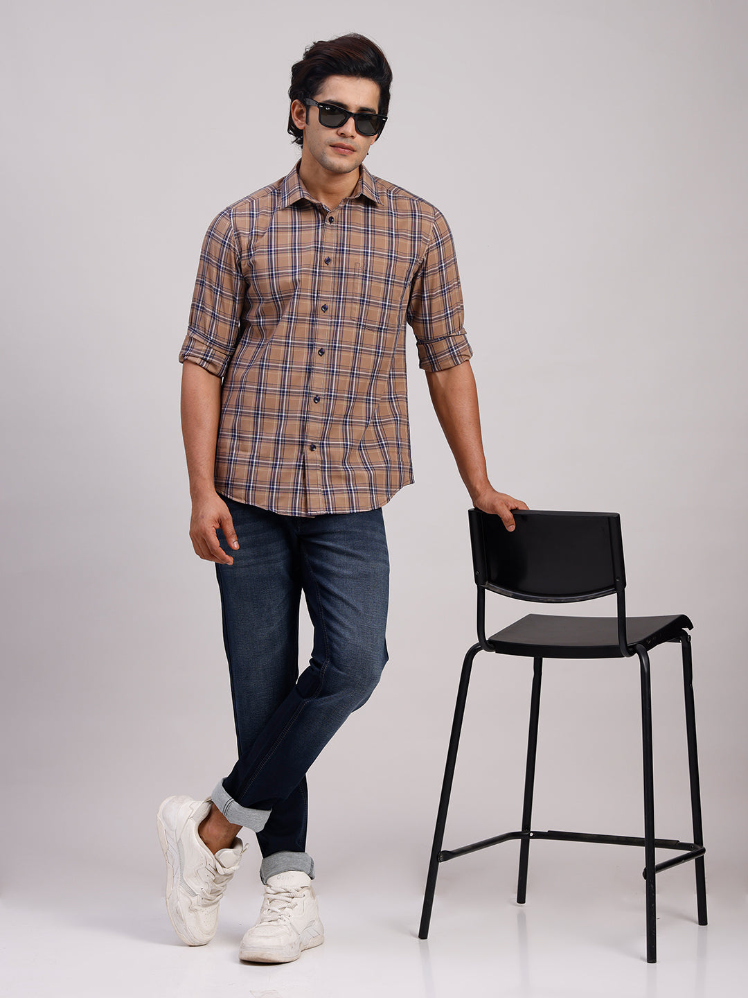 Classic Polo Men's Full Sleeve Light Brown Polo Neck Slim Fit Checked Cotton Casual Shirt | SR1-CL-13 B-FS-CHK-SF