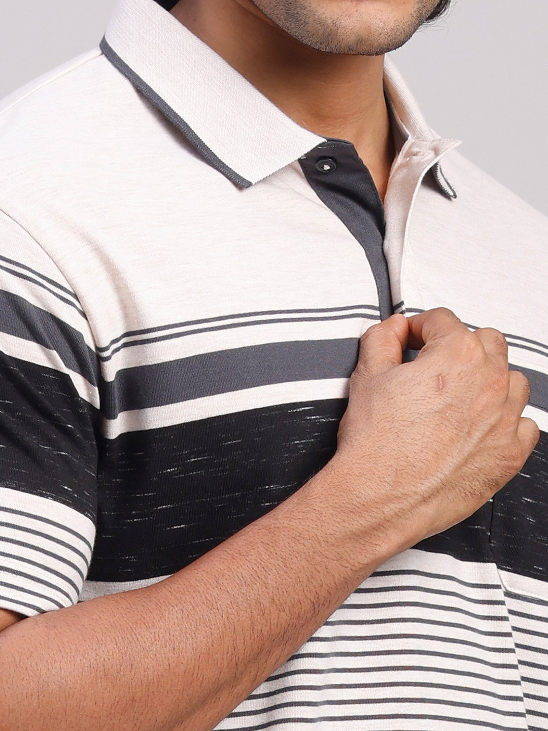 Classic Polo Men's Half Sleeve Black/White Polo Neck Authentic Fit Striped Cotton Blend T-Shirt | MEL - 289 B AF P