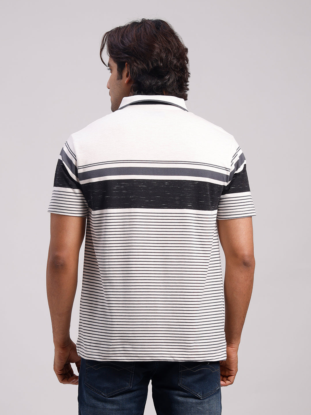 Classic Polo Men's Half Sleeve Black/White Polo Neck Authentic Fit Striped Cotton Blend T-Shirt | MEL - 289 B AF P