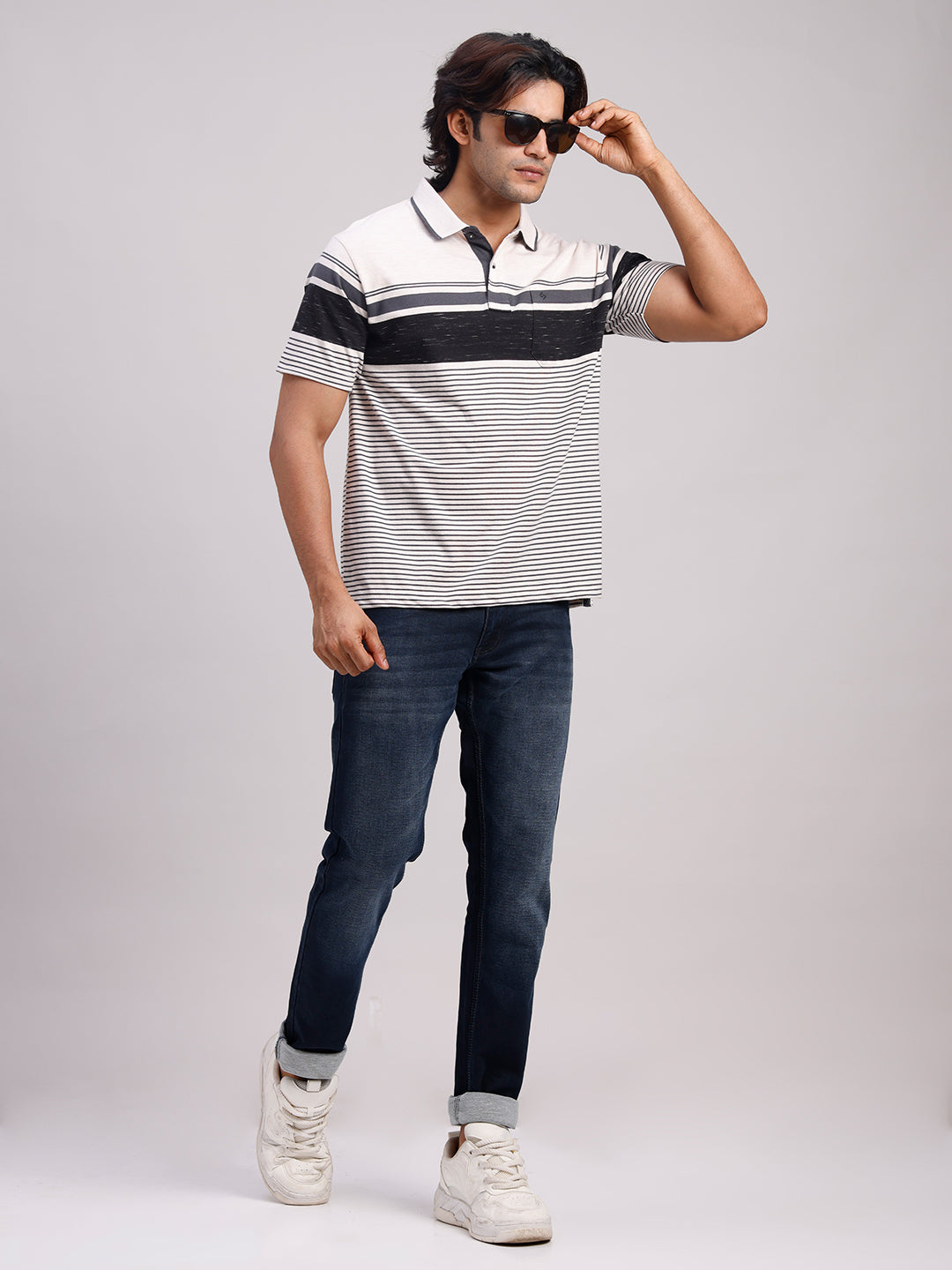 Classic Polo Men's Half Sleeve Black/White Polo Neck Authentic Fit Striped Cotton Blend T-Shirt | MEL - 289 B AF P
