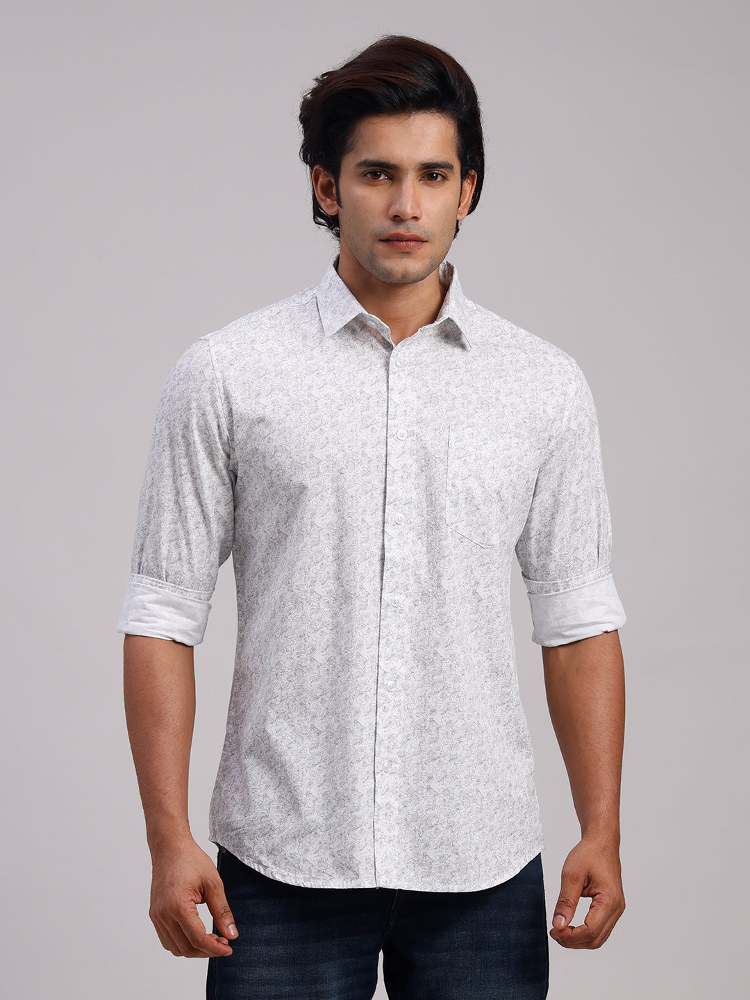 Classic Polo Men's Full Sleeve White Polo Neck Slim Fit All-Over Print Cotton Casual Shirt | SR1-CL-25 B-FS-PRT-SF