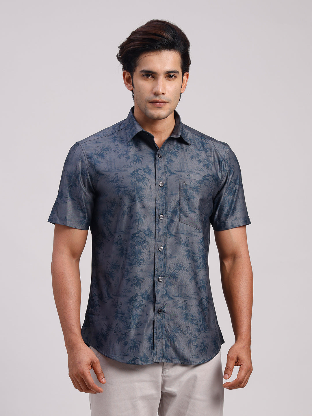 Classic Polo Men's Half Sleeve Steel Grey/Navy Polo Neck Slim Fit All-Over Print Cotton Casual Shirt | SR1-EL-09 A-HS-PRT-SF