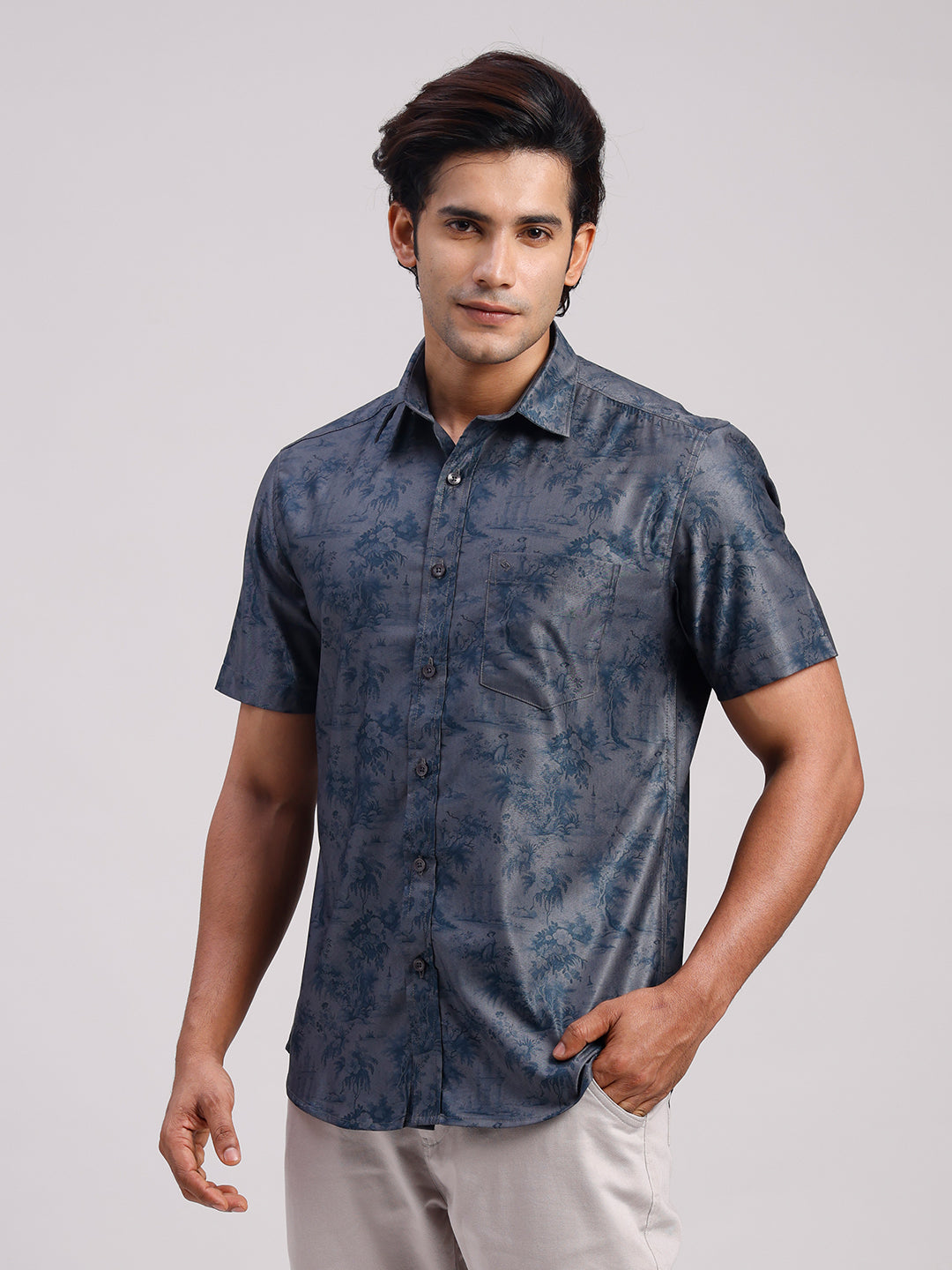 Classic Polo Men's Half Sleeve Steel Grey/Navy Polo Neck Slim Fit All-Over Print Cotton Casual Shirt | SR1-EL-09 A-HS-PRT-SF