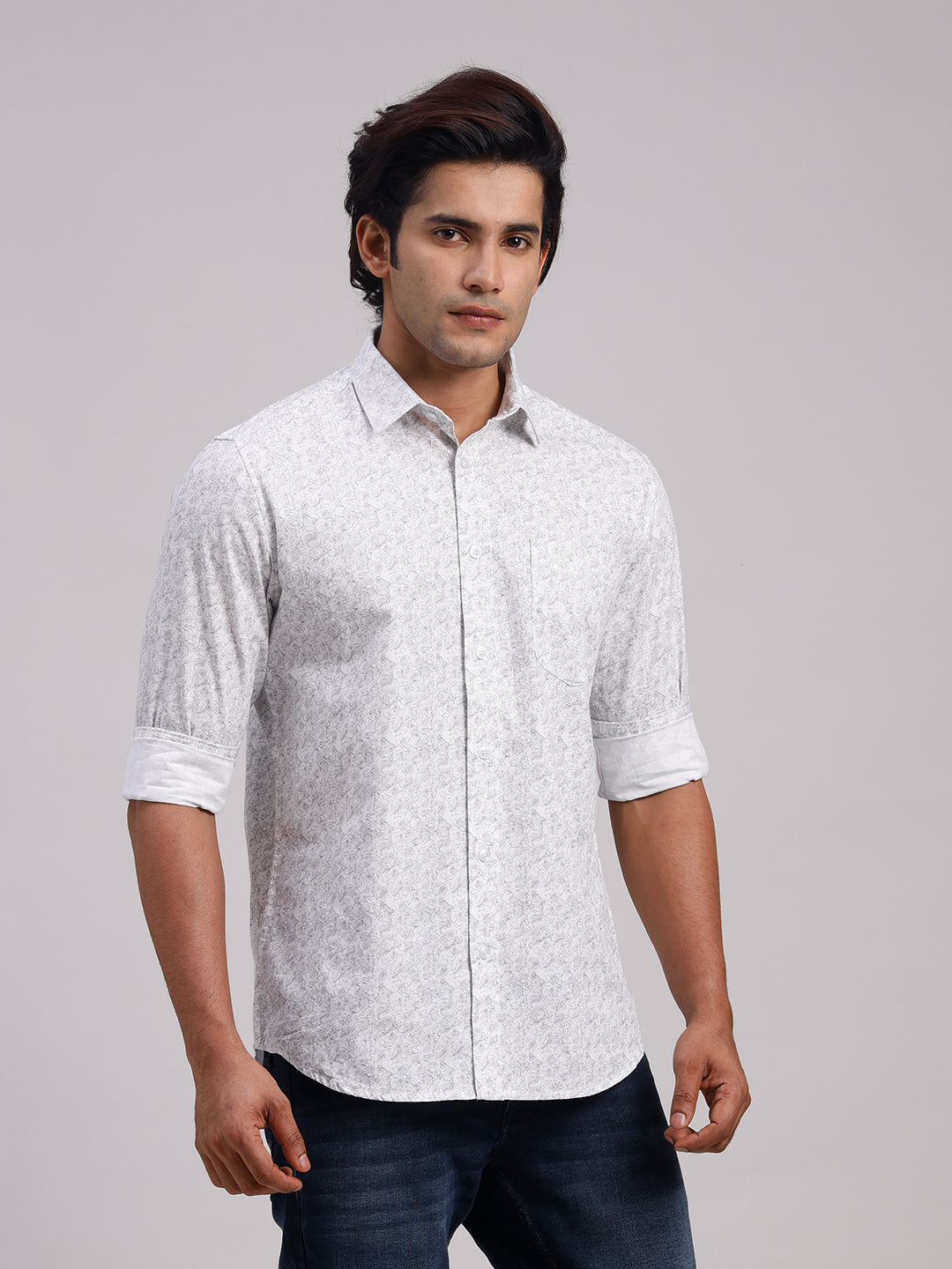 Classic Polo Men's Full Sleeve White Polo Neck Slim Fit All-Over Print Cotton Casual Shirt | SR1-CL-25 B-FS-PRT-SF