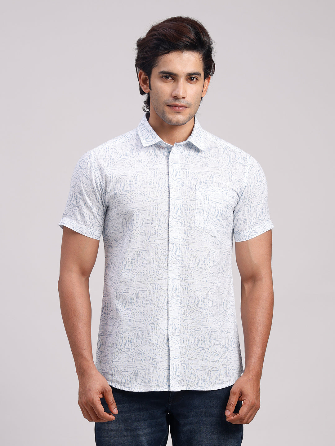 Classic Polo Men's Half Sleeve Off-White/Light Blue Polo Neck Slim Fit All-Over Print Cotton Casual Shirt | SR1-GN-07 A-HS-PRT-SF