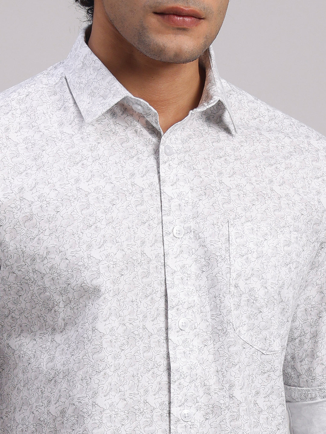 Classic Polo Men's Full Sleeve White Polo Neck Slim Fit All-Over Print Cotton Casual Shirt | SR1-CL-25 B-FS-PRT-SF