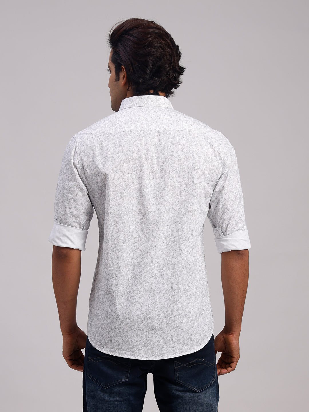 Classic Polo Men's Full Sleeve White Polo Neck Slim Fit All-Over Print Cotton Casual Shirt | SR1-CL-25 B-FS-PRT-SF