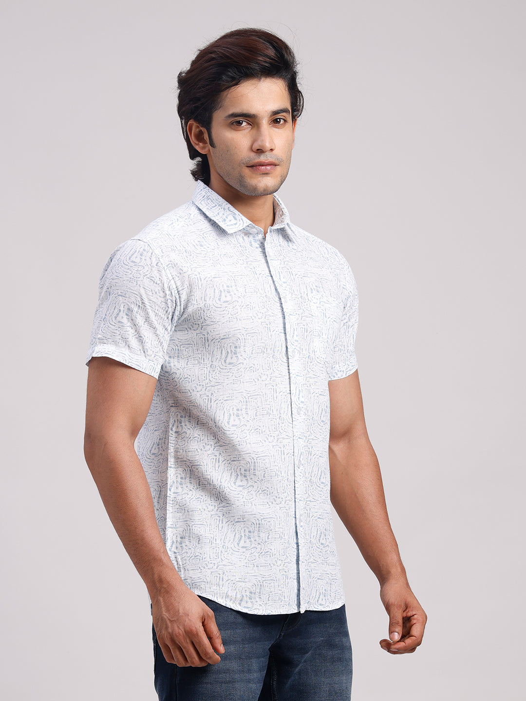 Classic Polo Men's Half Sleeve Off-White/Light Blue Polo Neck Slim Fit All-Over Print Cotton Casual Shirt | SR1-GN-07 A-HS-PRT-SF