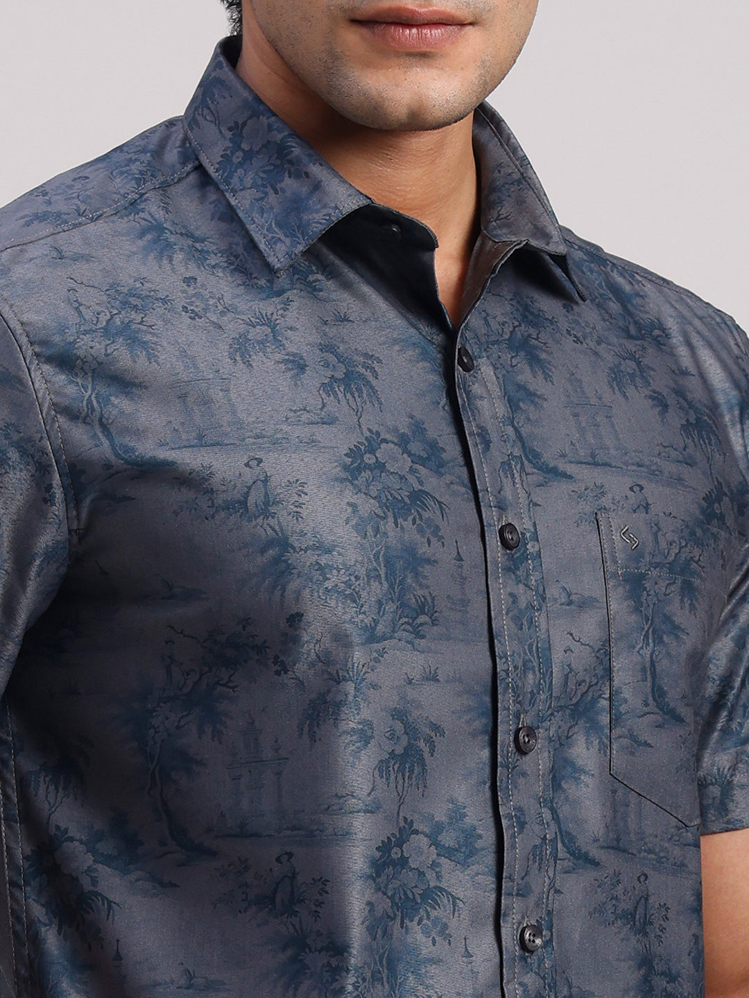 Classic Polo Men's Half Sleeve Steel Grey/Navy Polo Neck Slim Fit All-Over Print Cotton Casual Shirt | SR1-EL-09 A-HS-PRT-SF