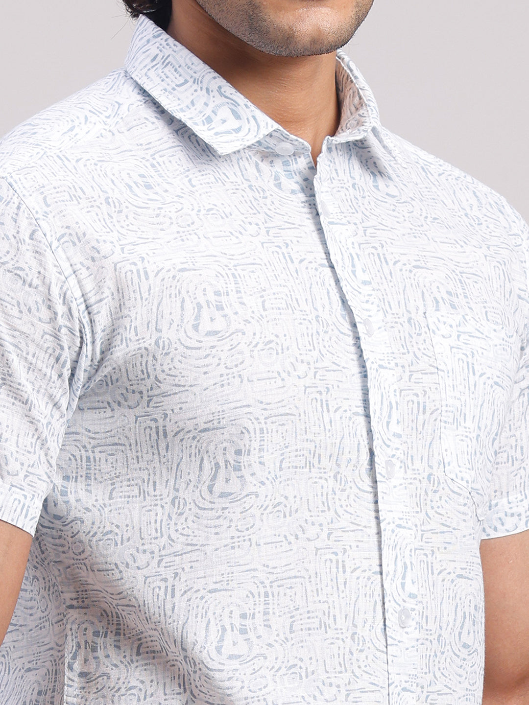 Classic Polo Men's Half Sleeve Off-White/Light Blue Polo Neck Slim Fit All-Over Print Cotton Casual Shirt | SR1-GN-07 A-HS-PRT-SF