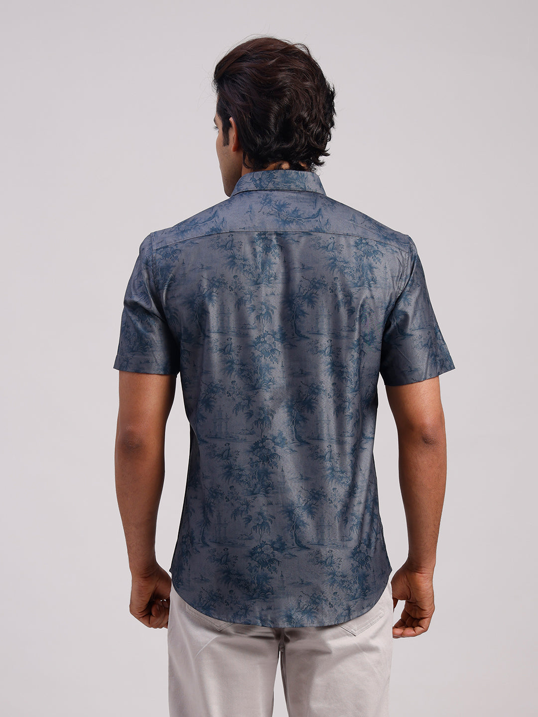 Classic Polo Men's Half Sleeve Steel Grey/Navy Polo Neck Slim Fit All-Over Print Cotton Casual Shirt | SR1-EL-09 A-HS-PRT-SF