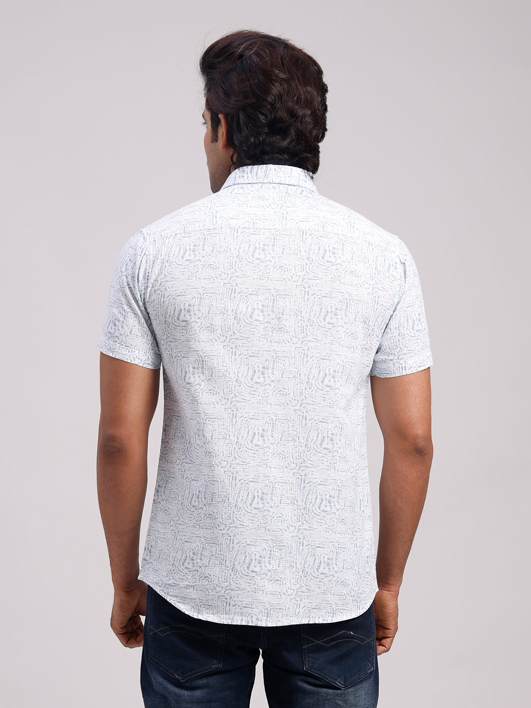 Classic Polo Men's Half Sleeve Off-White/Light Blue Polo Neck Slim Fit All-Over Print Cotton Casual Shirt | SR1-GN-07 A-HS-PRT-SF