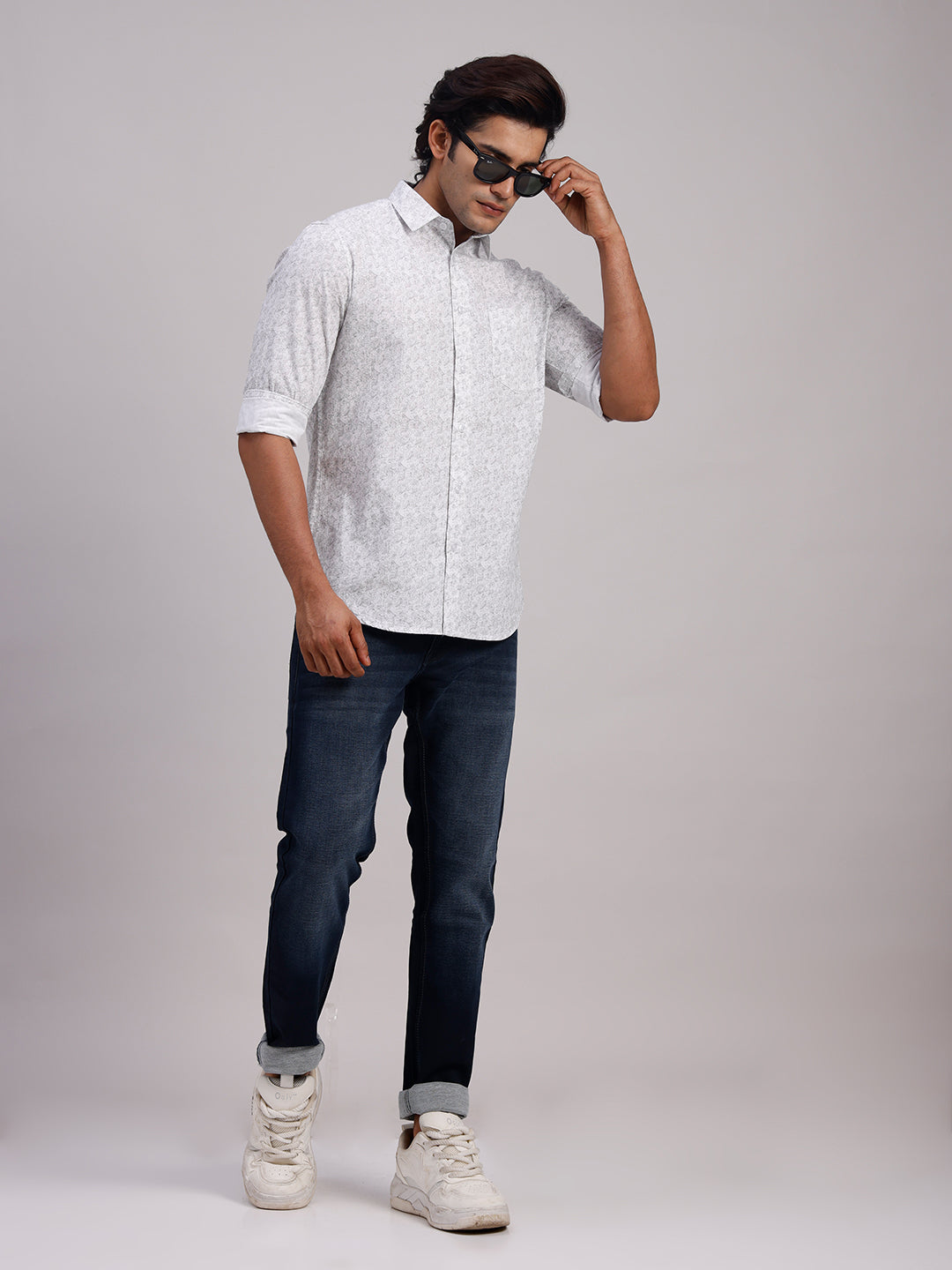 Classic Polo Men's Full Sleeve White Polo Neck Slim Fit All-Over Print Cotton Casual Shirt | SR1-CL-25 B-FS-PRT-SF