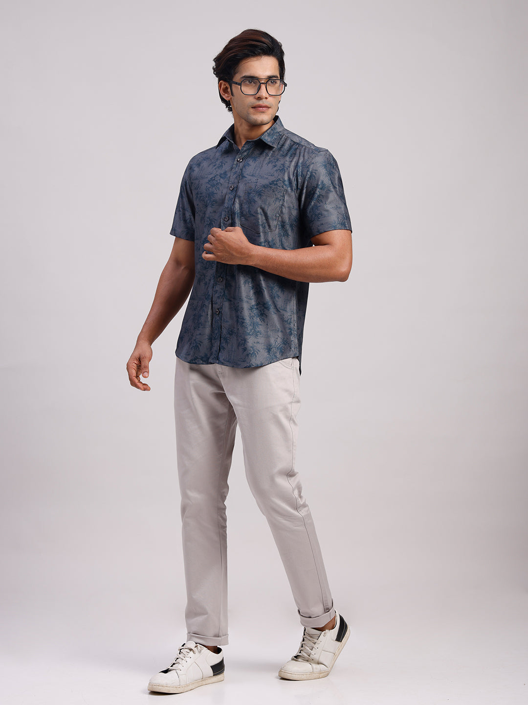 Classic Polo Men's Half Sleeve Steel Grey/Navy Polo Neck Slim Fit All-Over Print Cotton Casual Shirt | SR1-EL-09 A-HS-PRT-SF