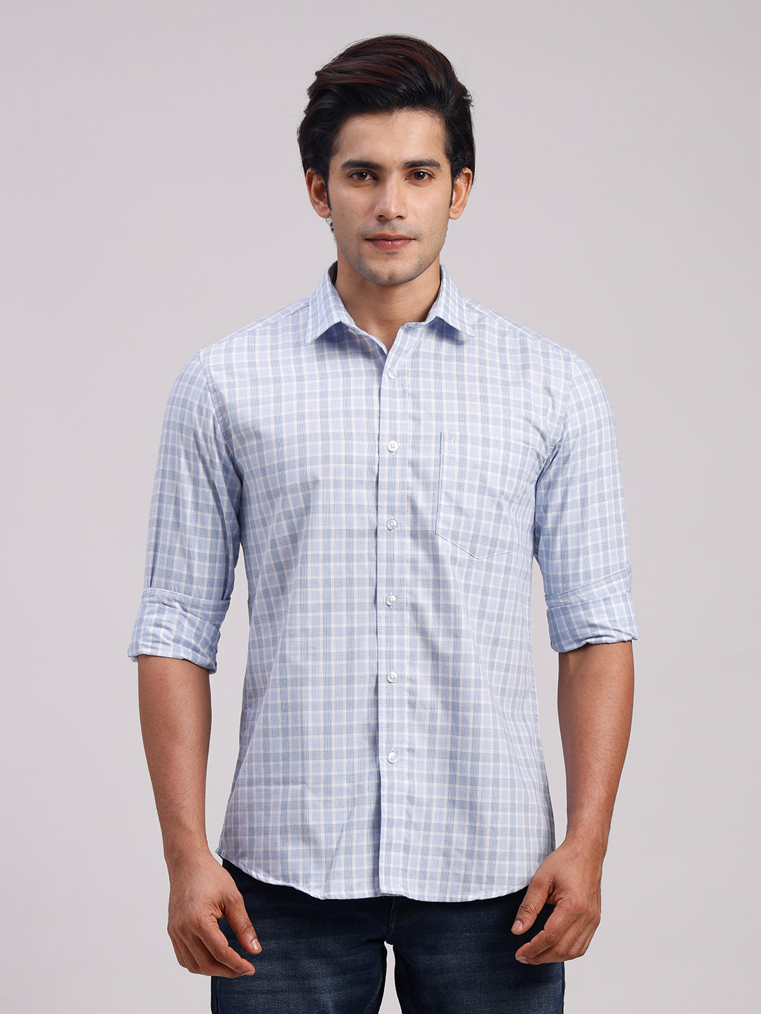 Classic Polo Men's Full Sleeve Light Blue Polo Neck Slim Fit Checked Cotton Casual Shirt | LSHR1-CL-02 B-FS-CHK-SF
