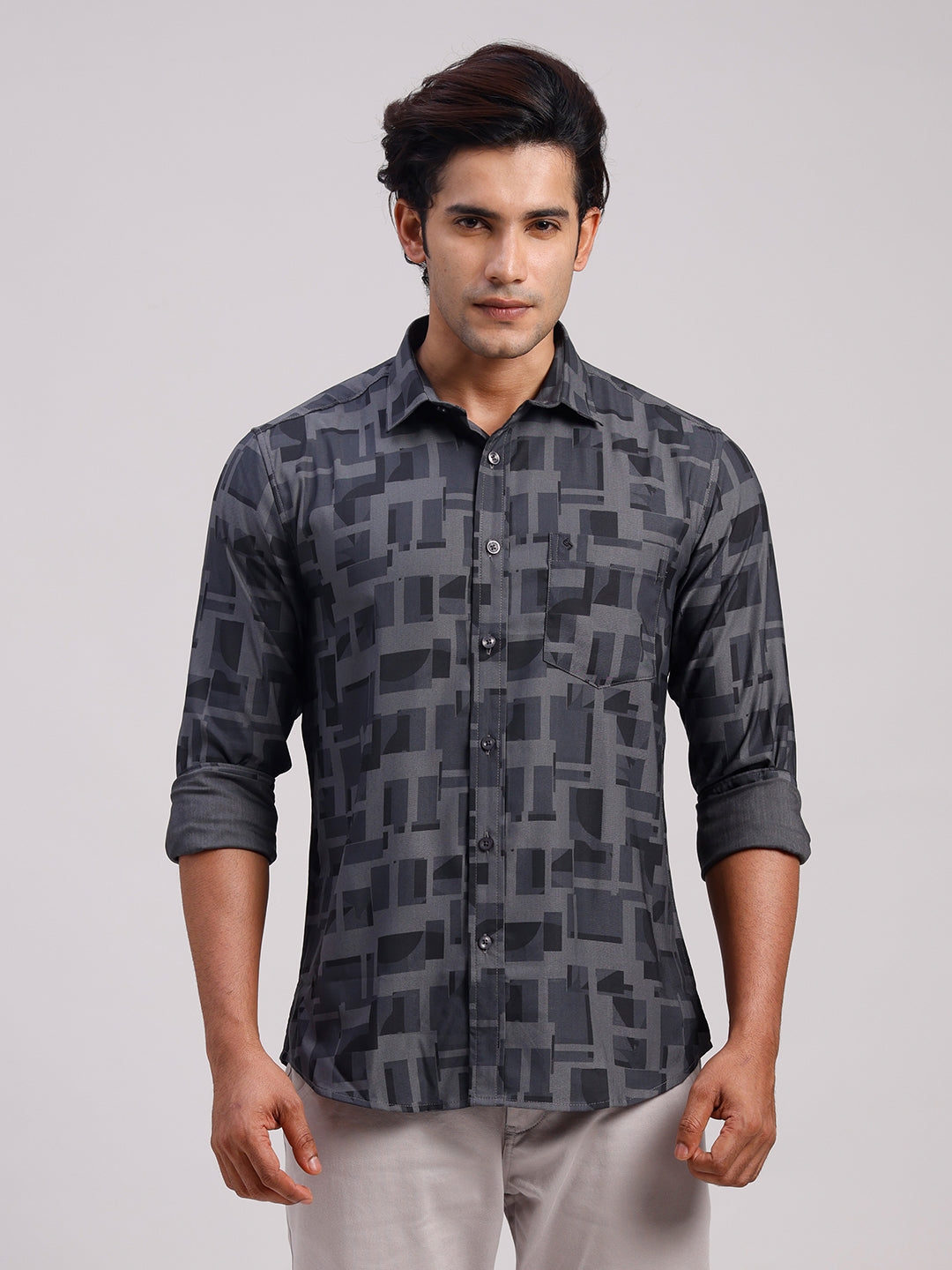Classic Polo Men's Full Sleeve Charcoal Grey Polo Neck Slim Fit Printed Cotton Casual Shirt | LSHR1-EL-10 B-FS-PRT-SF