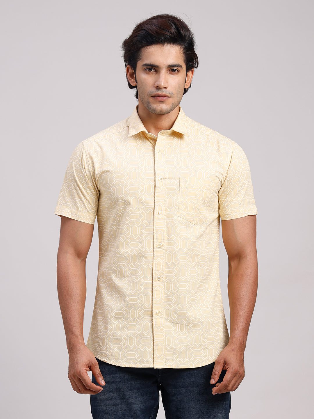 Classic Polo Men's Half Sleeve Yellow/White Polo Neck Slim Fit All-Over Print Cotton Casual Shirt | SR1-GN-08 B-HS-PRT-SF