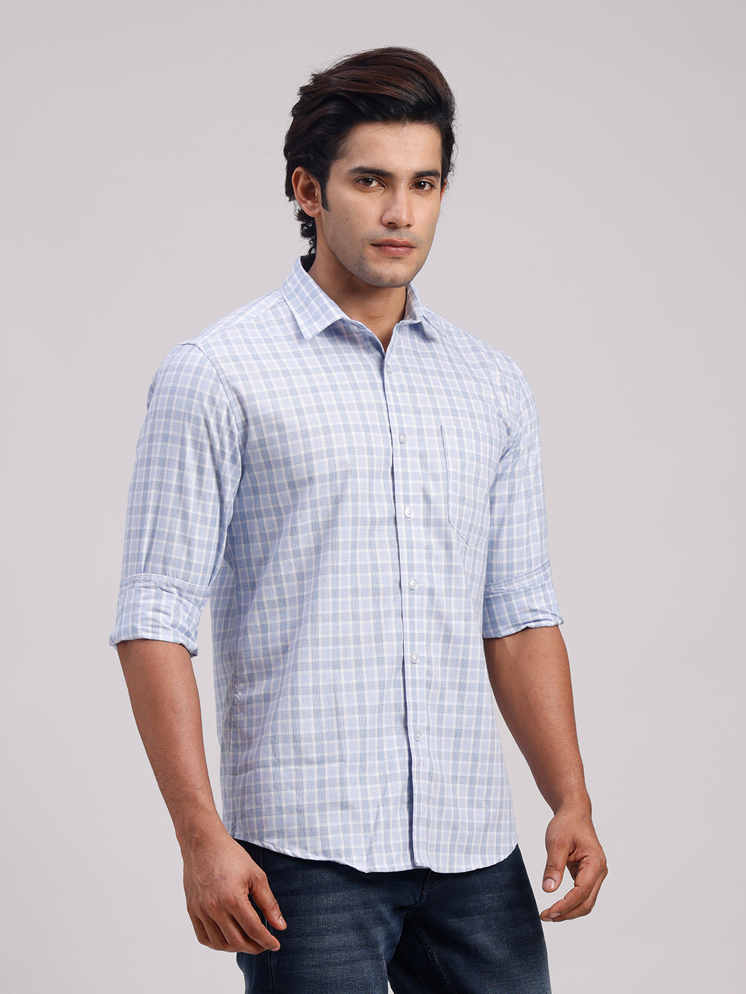 Classic Polo Men's Full Sleeve Light Blue Polo Neck Slim Fit Checked Cotton Casual Shirt | LSHR1-CL-02 B-FS-CHK-SF
