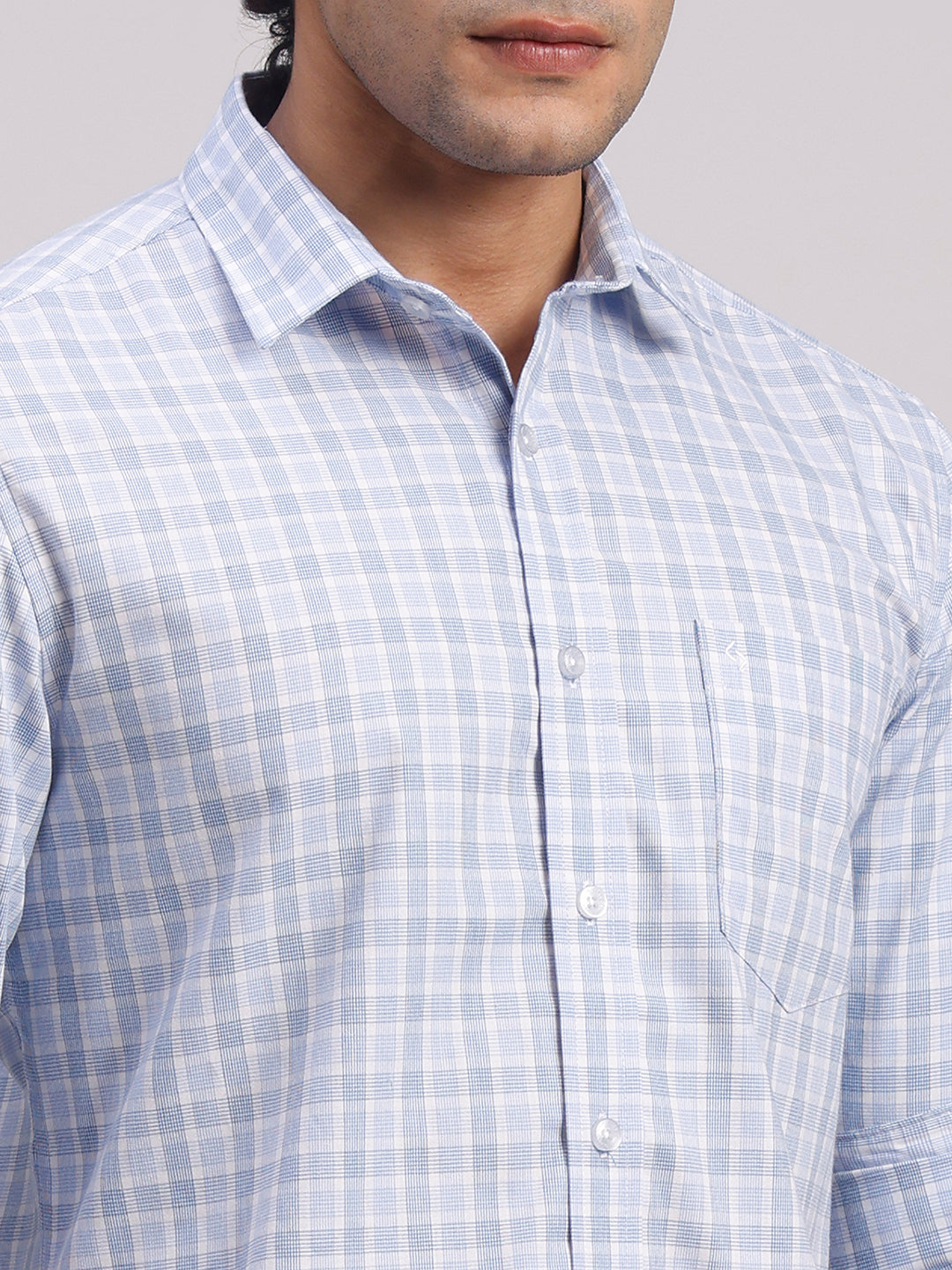 Classic Polo Men's Full Sleeve Light Blue Polo Neck Slim Fit Checked Cotton Casual Shirt | LSHR1-CL-02 B-FS-CHK-SF