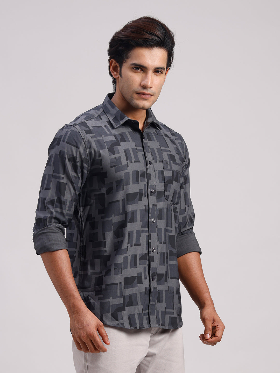 Classic Polo Men's Full Sleeve Charcoal Grey Polo Neck Slim Fit Printed Cotton Casual Shirt | LSHR1-EL-10 B-FS-PRT-SF
