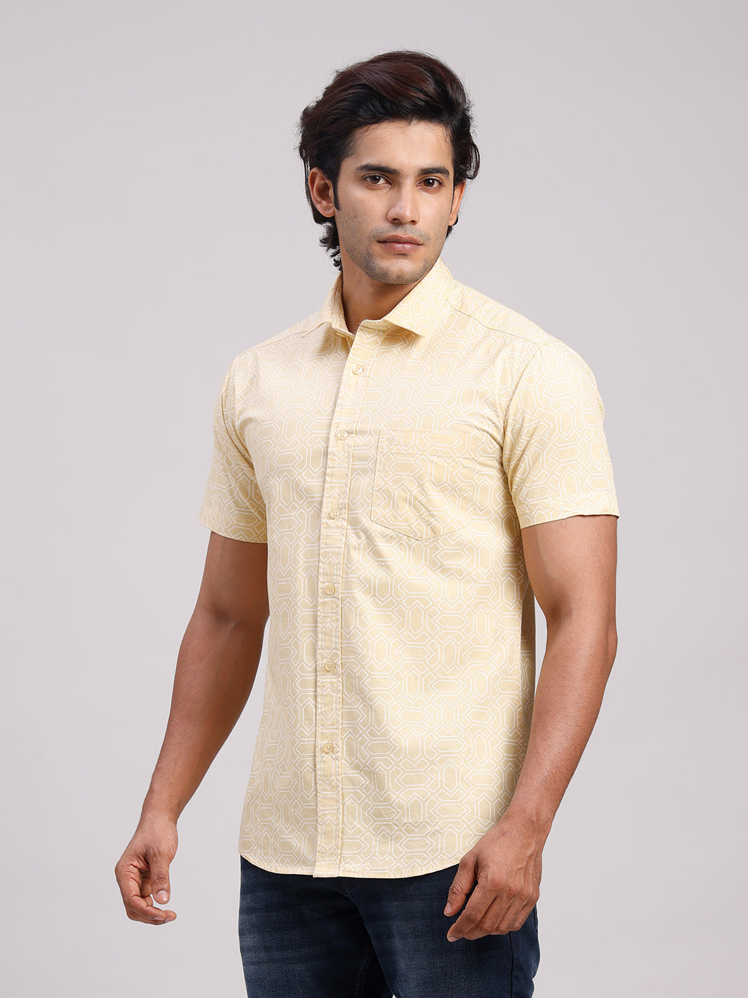 Classic Polo Men's Half Sleeve Yellow/White Polo Neck Slim Fit All-Over Print Cotton Casual Shirt | SR1-GN-08 B-HS-PRT-SF
