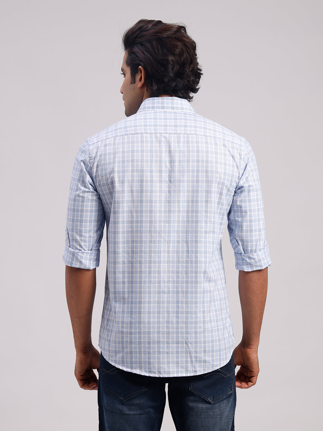 Classic Polo Men's Full Sleeve Light Blue Polo Neck Slim Fit Checked Cotton Casual Shirt | LSHR1-CL-02 B-FS-CHK-SF