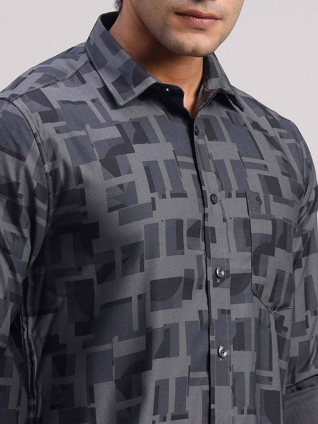 Classic Polo Men's Full Sleeve Charcoal Grey Polo Neck Slim Fit Printed Cotton Casual Shirt | LSHR1-EL-10 B-FS-PRT-SF