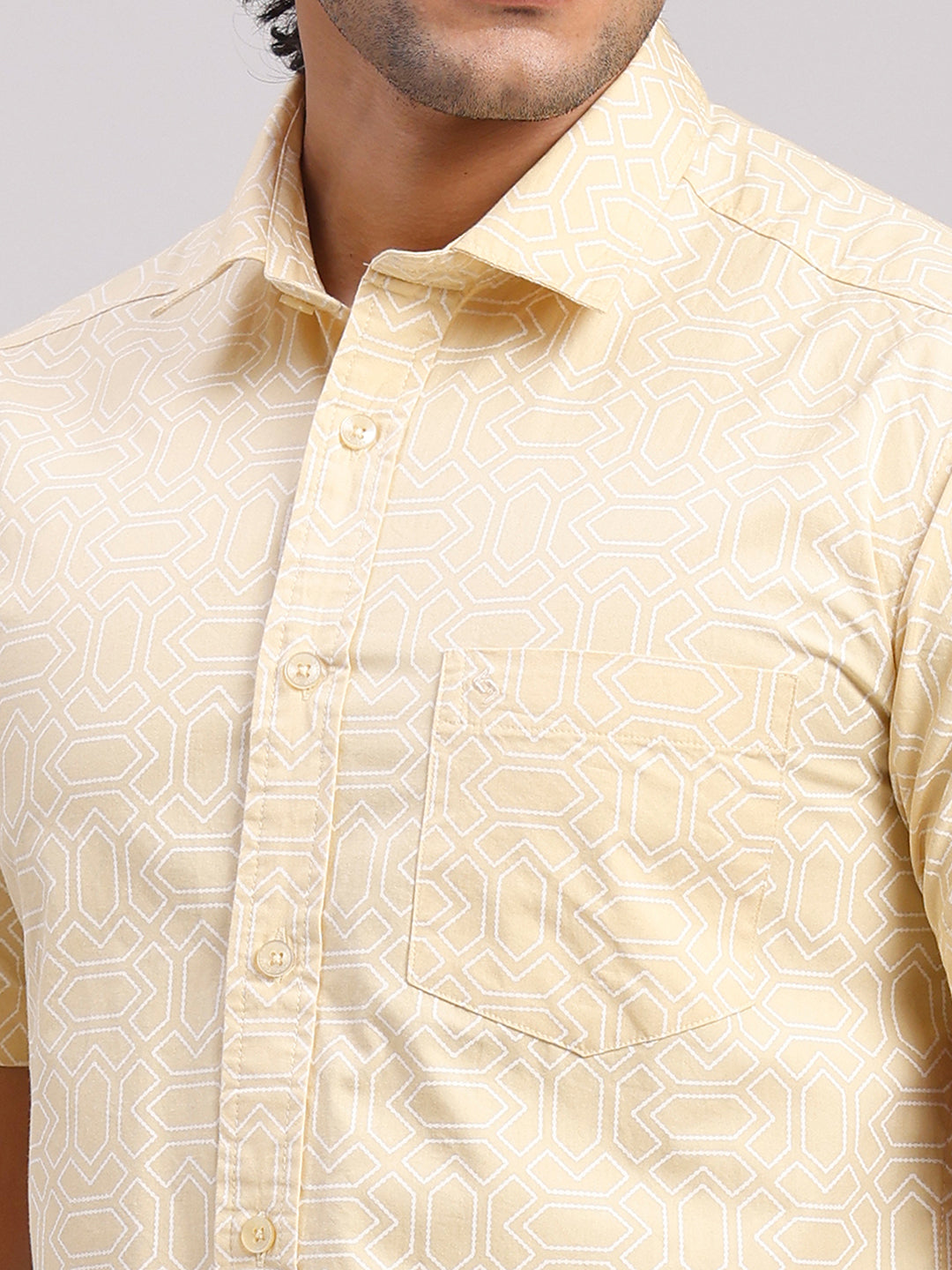Classic Polo Men's Half Sleeve Yellow/White Polo Neck Slim Fit All-Over Print Cotton Casual Shirt | SR1-GN-08 B-HS-PRT-SF