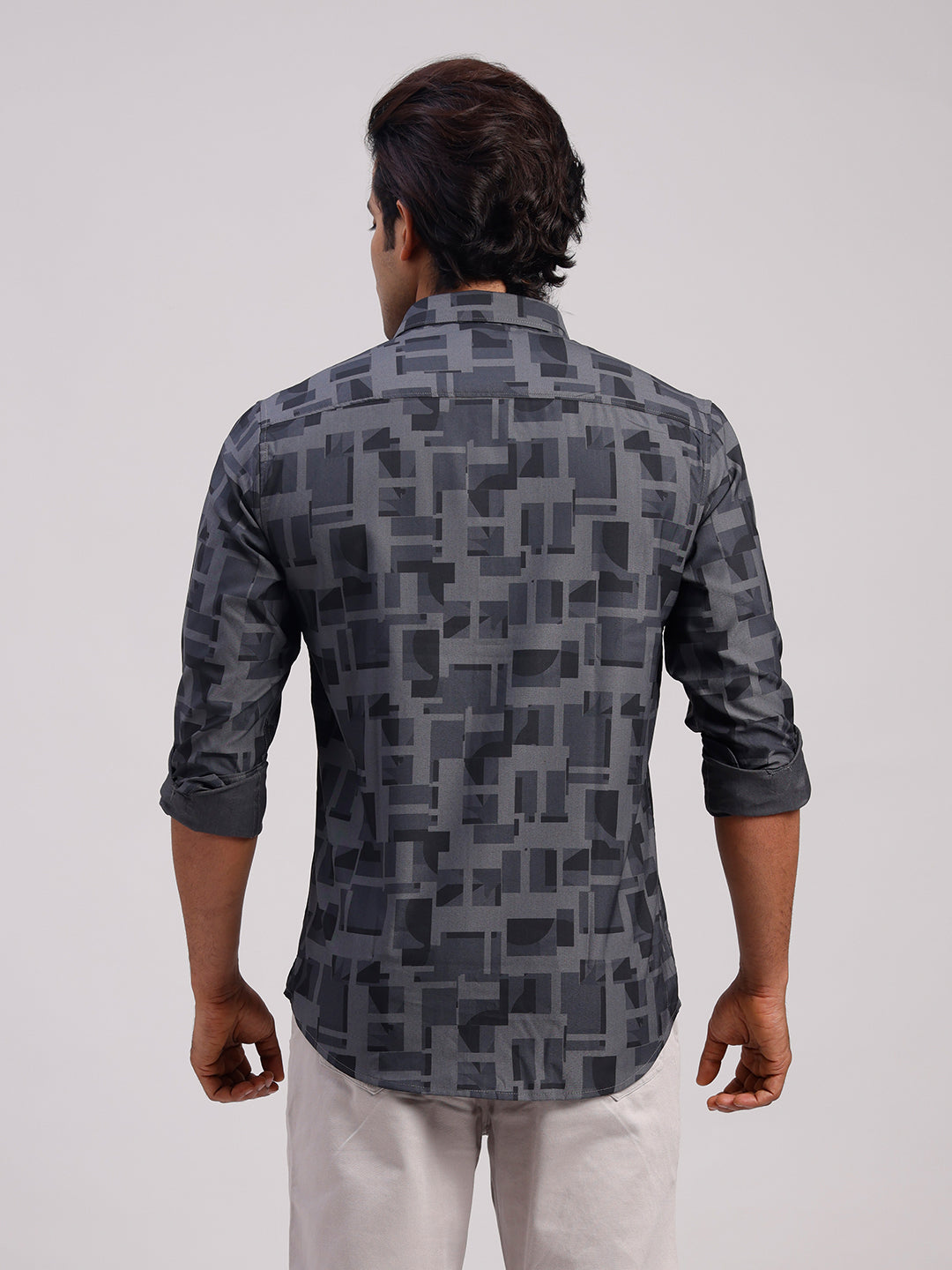 Classic Polo Men's Full Sleeve Charcoal Grey Polo Neck Slim Fit Printed Cotton Casual Shirt | LSHR1-EL-10 B-FS-PRT-SF