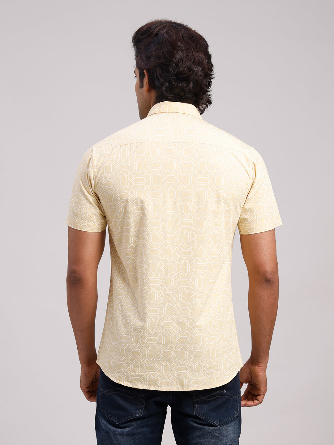Classic Polo Men's Half Sleeve Yellow/White Polo Neck Slim Fit All-Over Print Cotton Casual Shirt | SR1-GN-08 B-HS-PRT-SF