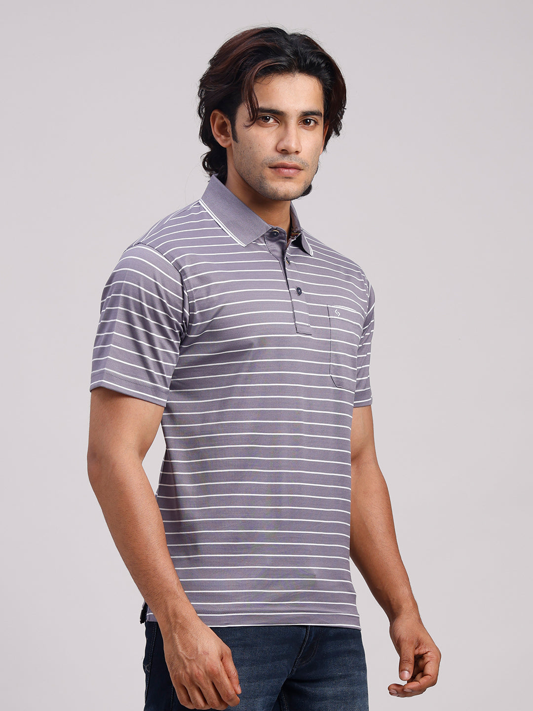 Classic Polo Men's Half Sleeve Lavender/White Authentic Fit Striped Premium Mercerised Cotton T-Shirt | ULTIMO - 355 B AF P