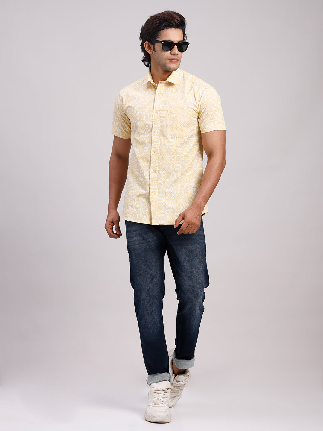Classic Polo Men's Half Sleeve Yellow/White Polo Neck Slim Fit All-Over Print Cotton Casual Shirt | SR1-GN-08 B-HS-PRT-SF