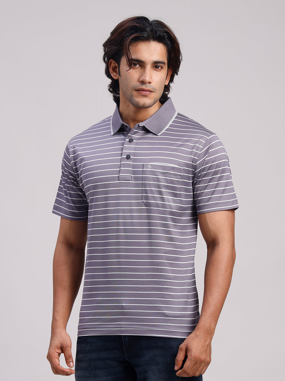 Classic Polo Men's Half Sleeve Lavender/White Authentic Fit Striped Premium Mercerised Cotton T-Shirt | ULTIMO - 355 B AF P