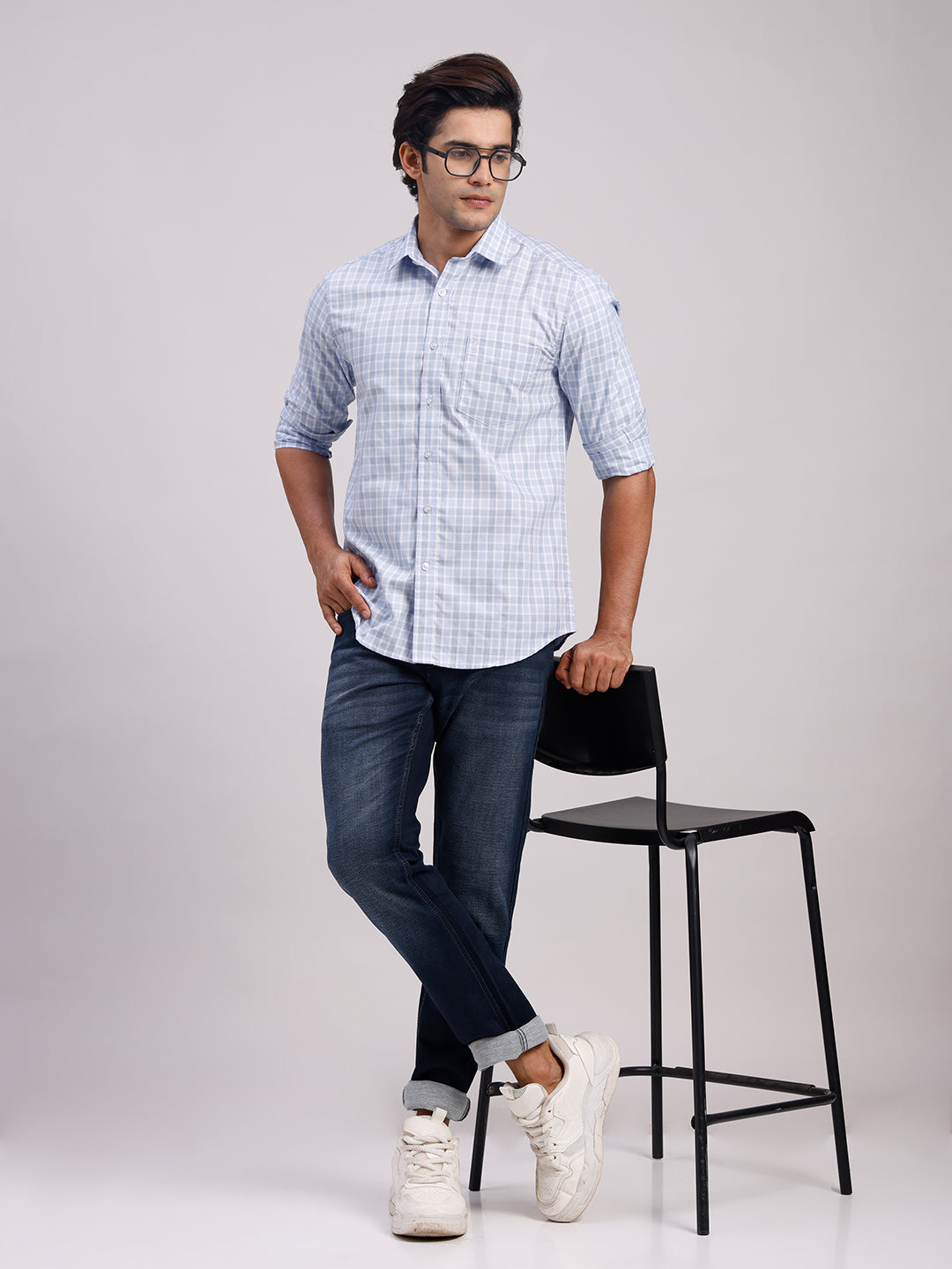 Classic Polo Men's Full Sleeve Light Blue Polo Neck Slim Fit Checked Cotton Casual Shirt | LSHR1-CL-02 B-FS-CHK-SF