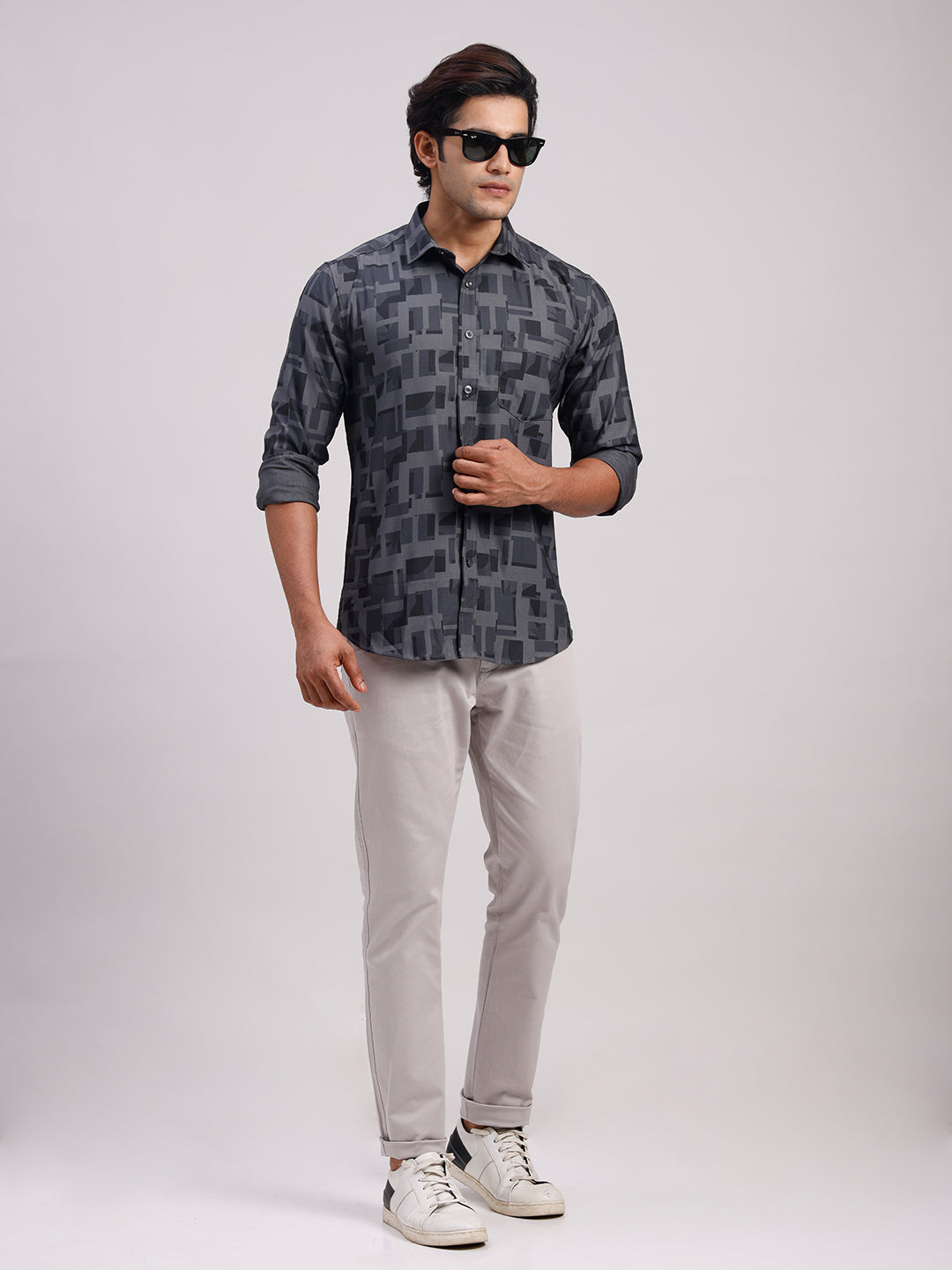 Classic Polo Men's Full Sleeve Charcoal Grey Polo Neck Slim Fit Printed Cotton Casual Shirt | LSHR1-EL-10 B-FS-PRT-SF
