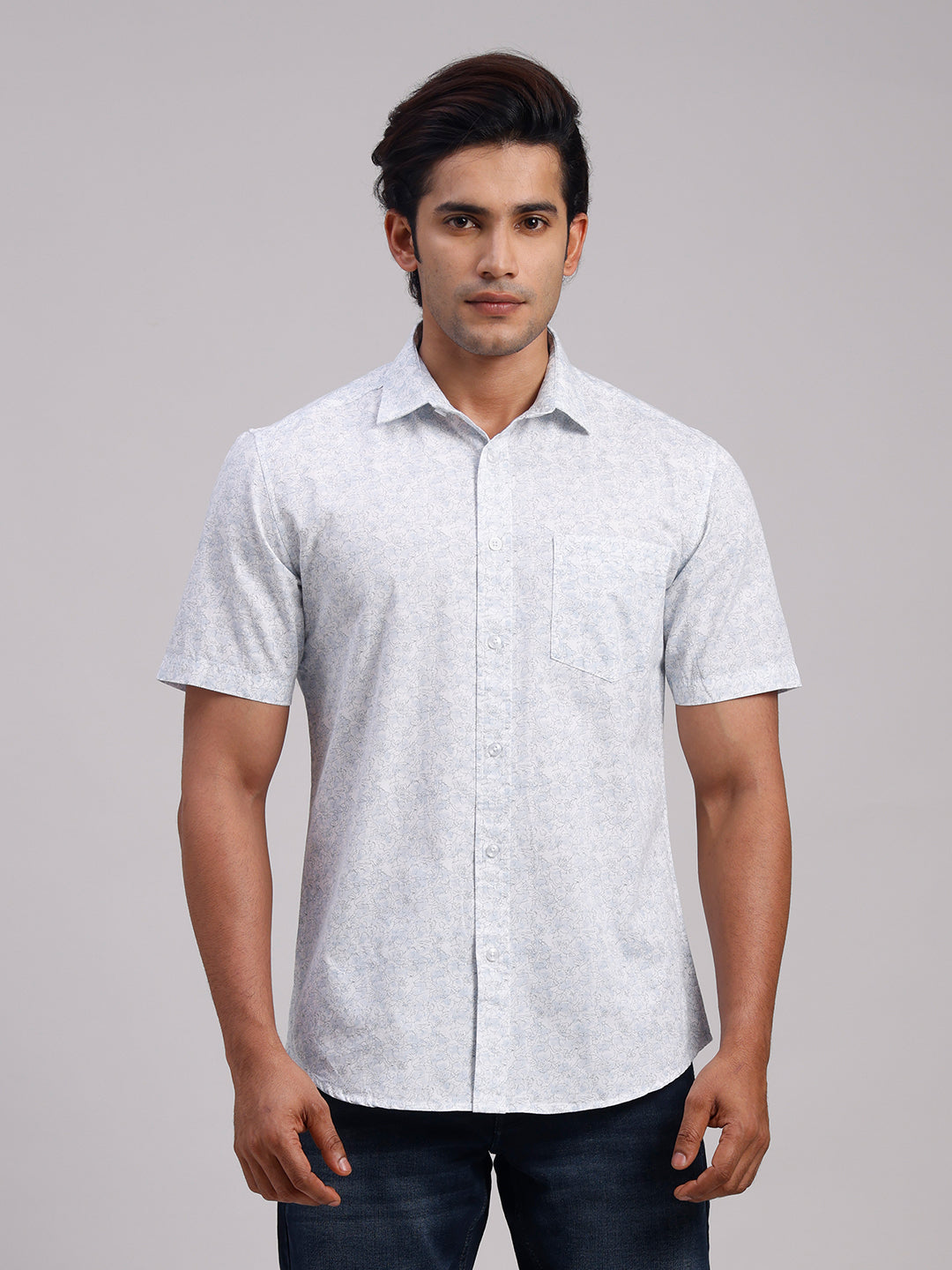 Classic Polo Men's Half Sleeve White Polo Neck Slim Fit All-Over Print Cotton Casual Shirt | SR1-CL-25 A-HS-PRT-SF