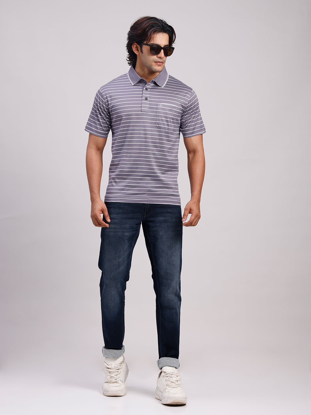 Classic Polo Men's Half Sleeve Lavender/White Authentic Fit Striped Premium Mercerised Cotton T-Shirt | ULTIMO - 355 B AF P
